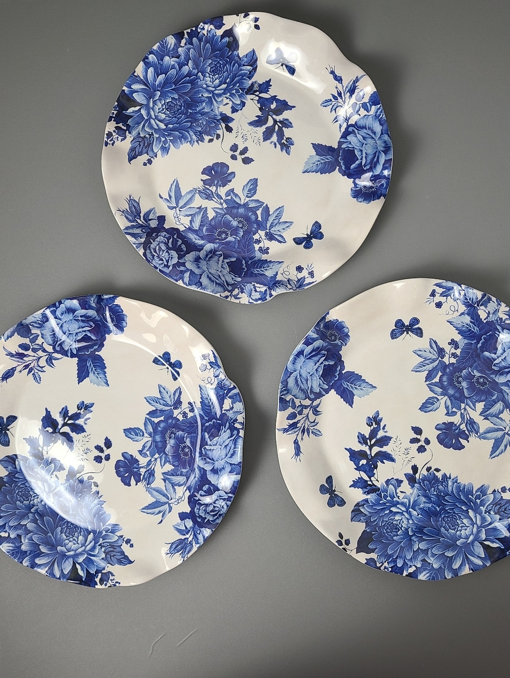 Shabby Chic Blue White Floral Fluted Scalloped Melamine Plates-Set of 3